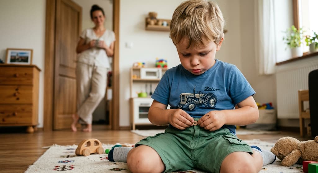 Detailní záběr na dítě, jak se soustředěně obléká, rodič v pozadí trpělivě čeká