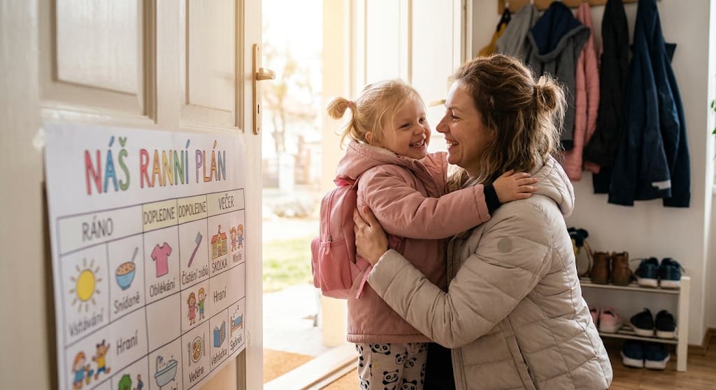 Rodič obejme dítě po zvládnutém ranním odchodu, oba se usmívají ve dveřích