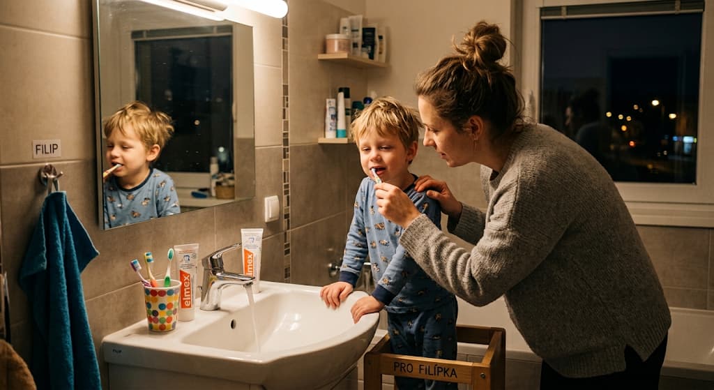 Unavené, ale klidné dítě u umyvadla, rodič mu pomáhá s čištěním zubů